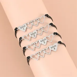Set of four minimalist stainless steel heart bracelets with woven cords for best friends