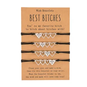 Set of 4 friendship braided heart bracelets with best bitch engraving on card