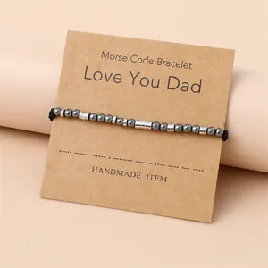 Handgemaakte Morsecode Armband Roestvrijstalen Kralen Hematiet Stenen Gevlochten Koord Verstelbare Sieraden Cadeau Voor Mama Papa I Love You
