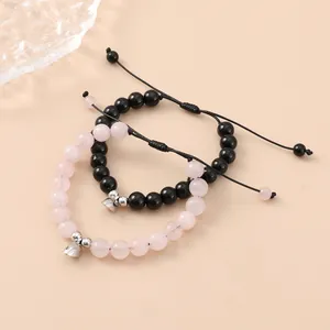 Magnetic couples heart bracelets with pink quartz and black obsidian beaded adjustable ropes