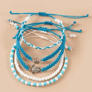 Ensemble de bracelets de cheville tressés bleu et blanc avec pendentifs tortue