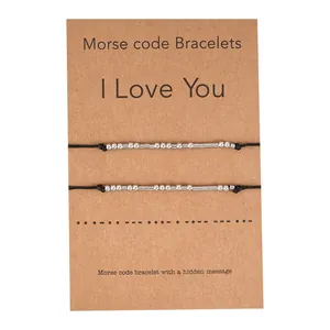 Morse Code Bracelet Set For Couples Stainless Steel Beads Adjustable Woven Cord I Love You Message Card Jewelry Gift For Women
