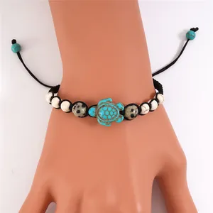 Handmade Woven Turquoise Turtle Bracelet Bohemian Natural Stone Beads Adjustable Cord Bracelet For Men Women Vintage Animal Jewelry