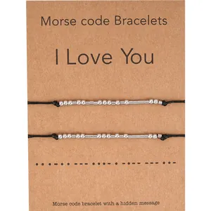 Handmade Morse code couple bracelets with stainless steel beads on gift card