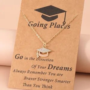 Graduation Season Alloy Rhinestone Mortarboard Pendant Necklace Gold Silver Plated Heart Cross Commemorative Jewelry Gift For Women