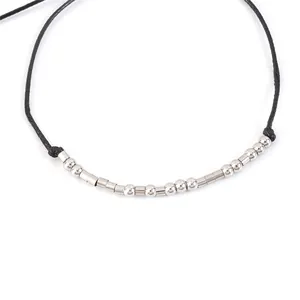 Handmade Morse code beaded bracelet with adjustable black rope and stainless steel beads