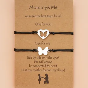 Mommy and Me stainless steel hollow butterfly woven bracelets set on gift card