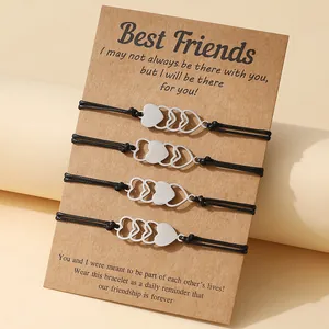 Roestvrij Stalen Hart Gevlochten Armband Set Voor Vrouwen Zussen Beste Vrienden Moeder Dochter Verstelbare Was Touw Sieraden Cadeaukaart