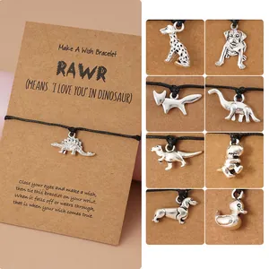 Bracelet de Voeu Fait Main Pendentif Animal Amis Couples Cordon Ciré Noir Ajustable Alliage Dinosaure Chien Chat Bijoux Cadeau