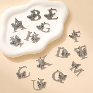 Stainless Steel Letter Butterfly Hollow Out Pendant Necklace Bracelet Making DIY Jewelry Finding Alphabet Charm Minimalist Accessory