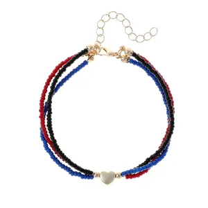 Multilayer colorful seed bead bracelet with golden heart charm and adjustable clasp