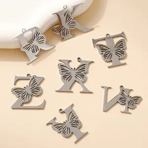 Set of stainless steel alphabet necklaces with butterfly cutouts R K T Z X V Y