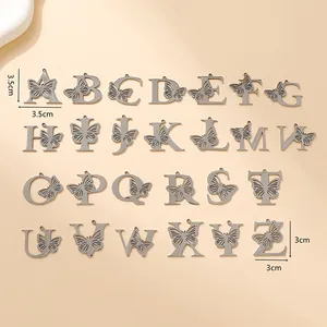 26Pcs silver stainless steel letter charms set with butterfly hollow design 3cm to 3.5cm
