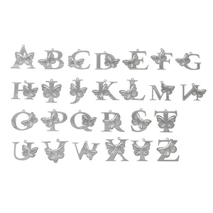 Set of 26 stainless steel alphabet pendants with hollow butterfly design for DIY jewelry