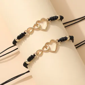 Zweiteiliges Herz- und Unendlichkeits-Charm-Armband mit verstellbarem schwarzem Seil