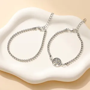 Fashion Alloy Rhinestone Tree of Life Cross Pendant Bracelet Anklet Set Gold Silver Stackable Jewelry For Women Gift