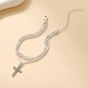 Alloy Rhinestone Cross Pendant Layered Necklace Bracelet Anklet Hoop Earrings For Women Men Religious Fashion Jewelry Gift