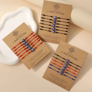 7 Knopen Boze Oog Geluksarmband Rood Zwart Gevlochten Touw Hars Kraal Legering Tussenstuk Verstelbare Sieraden Cadeau voor Mannen Vrouwen