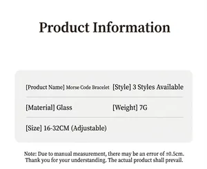 Product specifications for Morse code glass bead bracelet with adjustable size 16-32cm