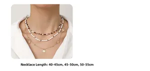 Three-layer bohemian beaded necklace set with golden pendants showing length specifications