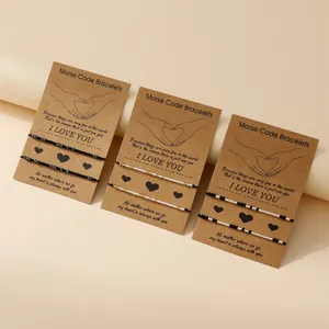 Adjustable Morse Code couple bracelets set with I Love You message on display cards
