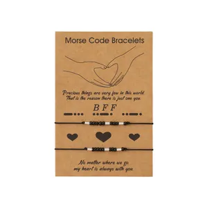 Coffret de bracelets d'amitié code Morse sur carte BFF avec perles noires et argent