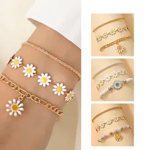Bracelet Et Chevillère Marguerite Tournesol Pour Femme Plaqué Or Argent Émail Fleur Perles Bijoux Pour Vacances D'été