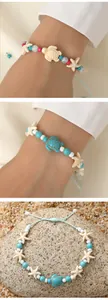 Detail van de geweven bohemien armband met turquoise schildpad en zeester kralen