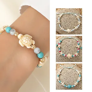 Oceaanstijl schildpad kralenarmband set met turquoise en verstelbaar gevlochten touw