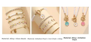 Detailed view of bohemian daisy flower charm bracelets and layered faux pearl necklaces