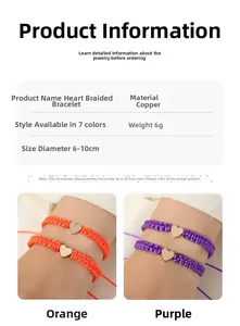 Detail view of heart braided bracelet showing copper charm and adjustable sizing chart