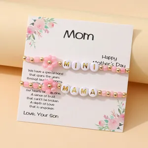 Coffret de Bracelets Mama et Mini pour la Fête des Mères en Perles de Verre Roses et Acrylique Fleur Bracelets Tissés Cadeau Bijoux