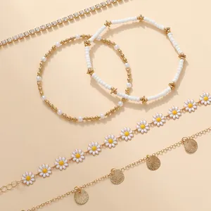 5-piece bohemian gold daisy and pearl bracelet set with rhinestones and round charms
