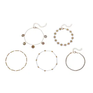 Bohemian style sunflower and white pearl 5-piece multilayer stackable bracelet set for women