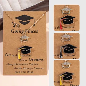 Graduation Cap Pendant Necklace Set Alloy Rhinestone Enamel Tassel Inspirational Card Jewelry Gift Academic For Women Student