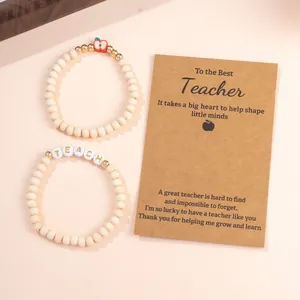 Teacher appreciation beaded bracelet set with apple charm and wood beads on card