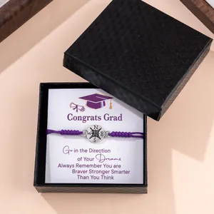 Verstelbare paarse geweven kompas armband met diploma kaart in zwarte geschenkdoos
