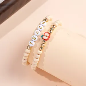 Handmade beaded bracelet set with wood beads and red apple charm for teachers gift