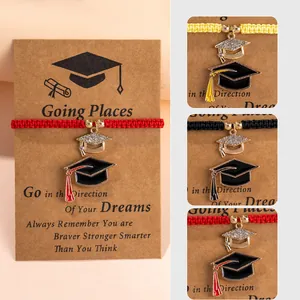 Graduation tassel cap charm woven bracelet with rhinestones on motivational card