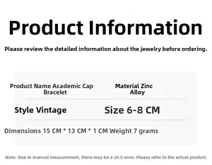 Detailed size and material specs for the graduation cap woven bracelet in zinc alloy