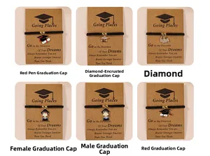 Detail of graduation woven bracelet set with charms like caps and scrolls on cards