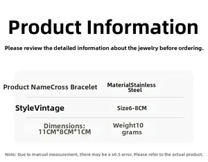 Detailed size chart and material specifications for the retro stainless steel cross bracelet