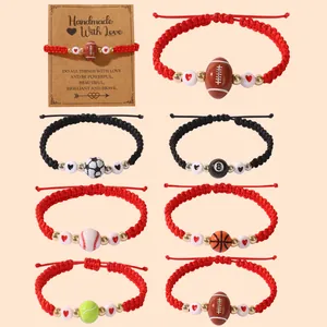 Handmade Braided Rope Bracelet With Sports Ball Acrylic Bead Heart Charm Adjustable Sporty Jewelry Gift For Men Women