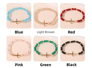 Detailed grid of crystal bead bracelets with stainless steel cross in six vibrant colors