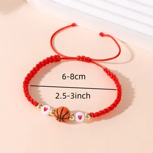 Adjustable red braided sports bracelet with basketball and heart beads for fans