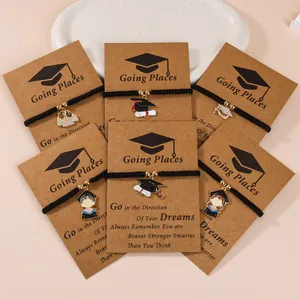 Graduation Woven Bracelet With Zinc Alloy Enamel Doctoral Cap Certificate Scroll Rhinestone Inlaid Charm Adjustable String Wristband Graduates Memorial Gift