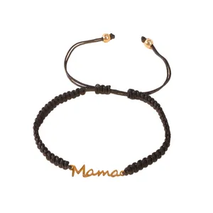 Bracelet tressé noir réglable avec charm Mama doré pour cadeau de fête des mères