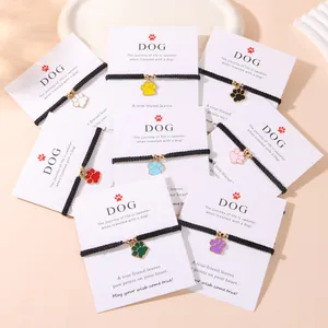 Bracelet Tressé à la Main Avec Pendentif Patte de Chien pour Femmes Filles Mignon Émail Empreinte d'Animal Bracelet de Cordon Réglable Bijoux Cadeau