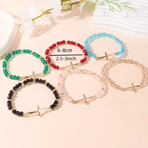 Faceted crystal beaded bracelets set with gold cross charms in six assorted colors