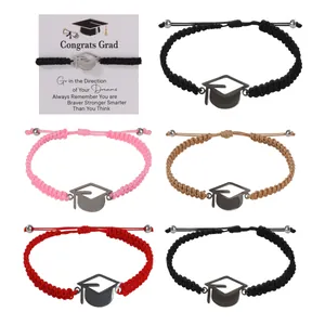 Braided graduation bracelets with stainless steel mortarboard pendants in four colors